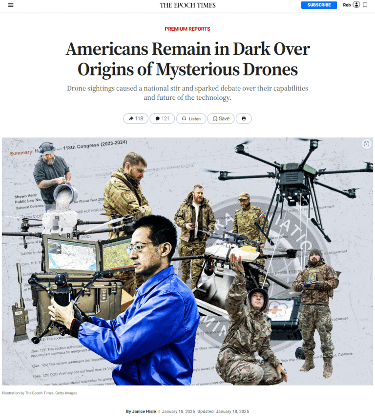 Epoch Times headline featuring Robert Newcomb on drone regulation